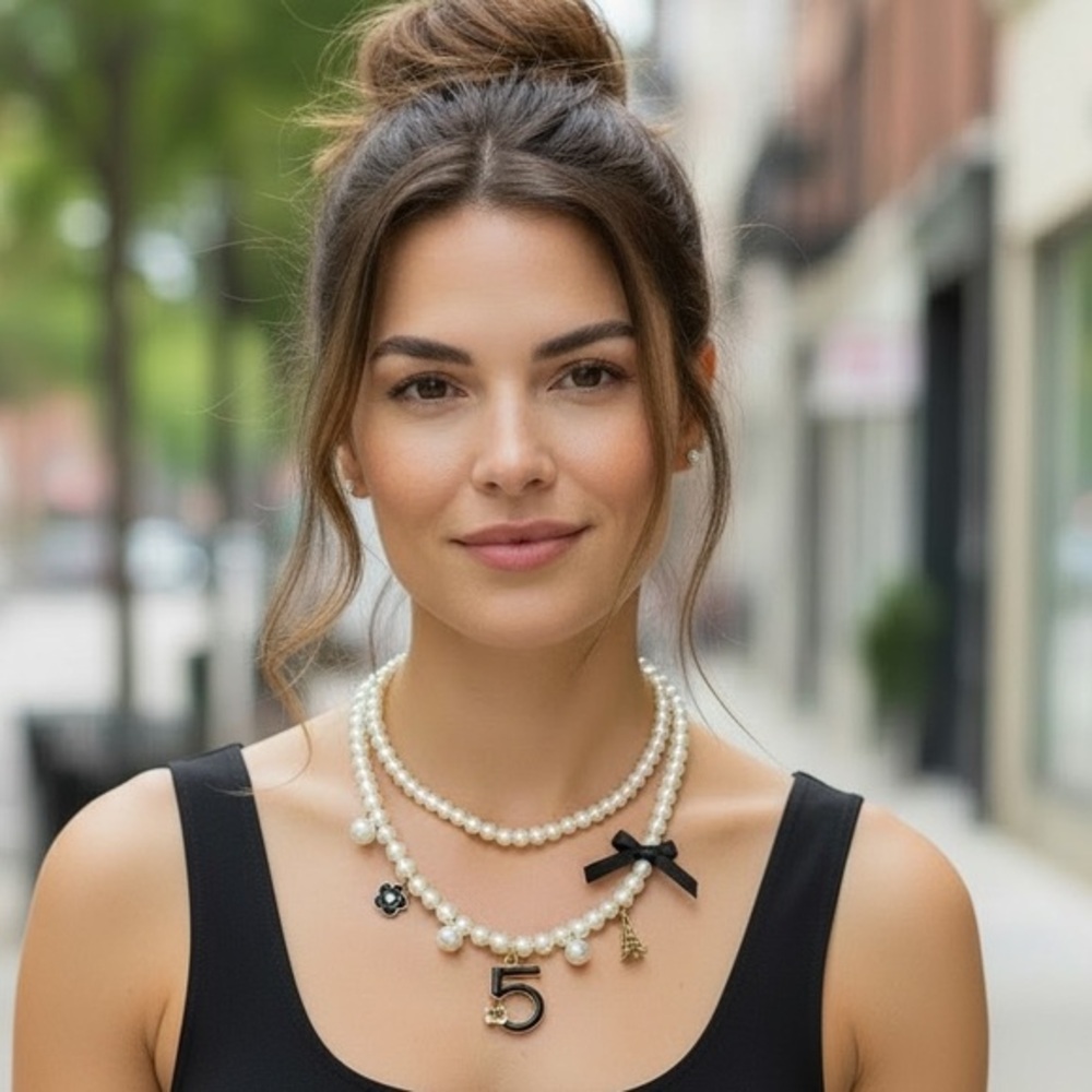 Pearl #5 Charm Necklace with Black Accents